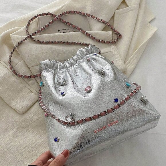Silver Casual Women's Rhinestone Drawstring Shoulder Bag - Picture 3 of 7